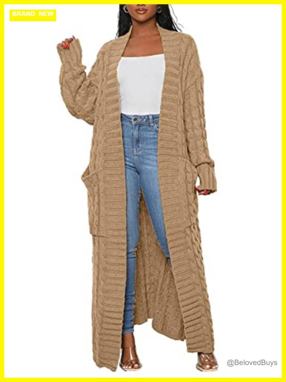 Women's Long Open Front Cable Knit Duster Cardigan with Pockets